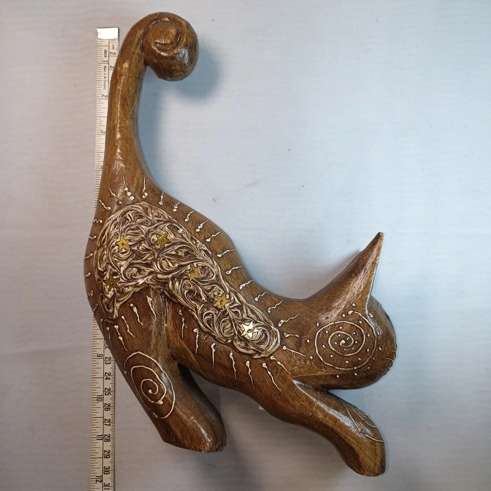 Vintage Hand Carved Wood Stretching Cat Feline From Indonesia 10.5